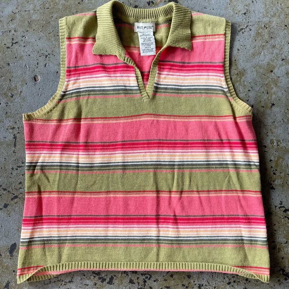 Vintage White Stag Striped Sleeveless Preppy Polo Style Shirt Size Large